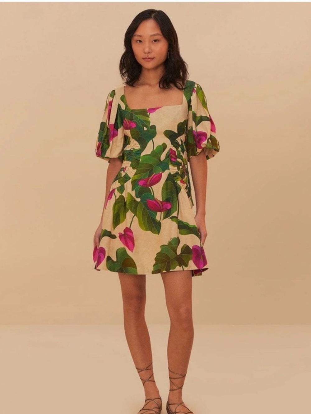 FARM Rio Cream Mini Dress with Green Leaves and Pink Floral Motif